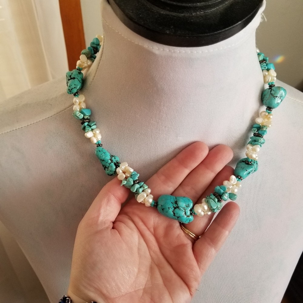 Necklace Southwestern Chunky real pearls and blue stone western style - Picture 3 of 17